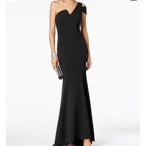 Betsy & Adam One Shoulder Long Black Formal Gown
